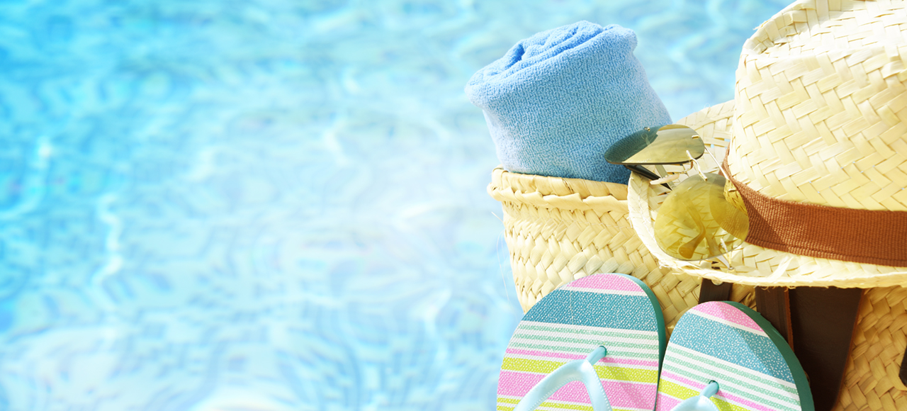 Summer accessories at the swim pool, Travel concept, Vacation time